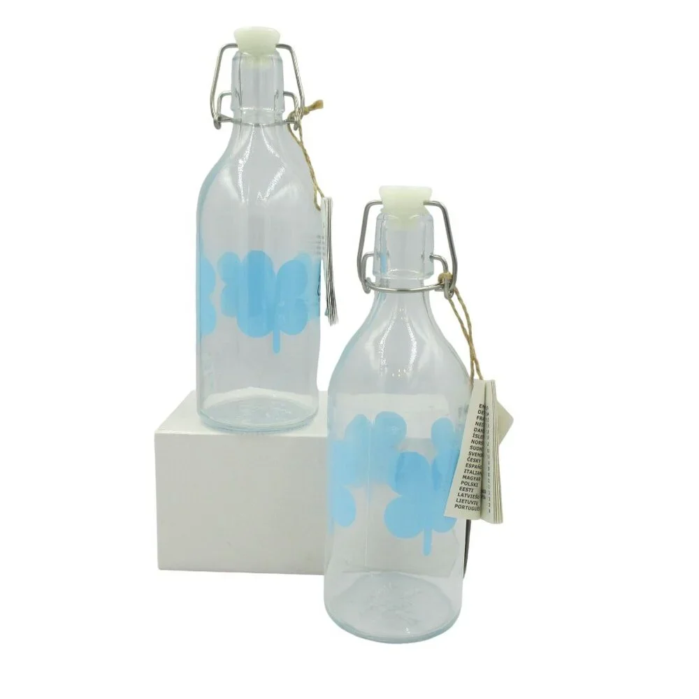 IKEA SOMMAR Glass Bottle with Clamp Lid Vintage Blue Clover Design Water 2 Set